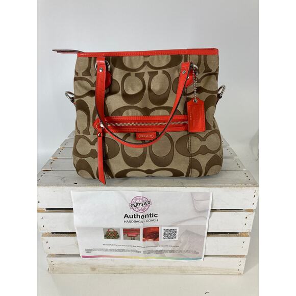 COACH F24064 TAN, BROWN, ORANGE SIGNATURE PRINT HANDBAG (ASIS) - Picture 1 of 16